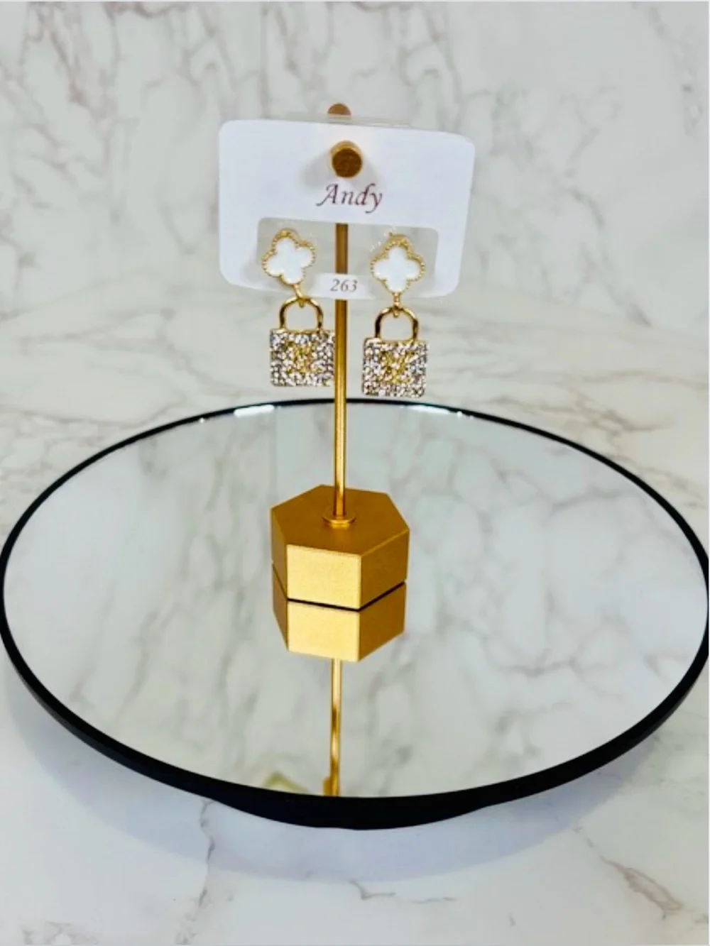 A-1DC-34: EARRINGS: White & Gold-Tone Lettering w/Rhinestones, NWOT